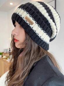 新款宽松条纹针织帽大头围复古日系保暖冬帽针织帽修身时尚休闲涤纶刺绣秋冬 - 帽子 - 查看 8