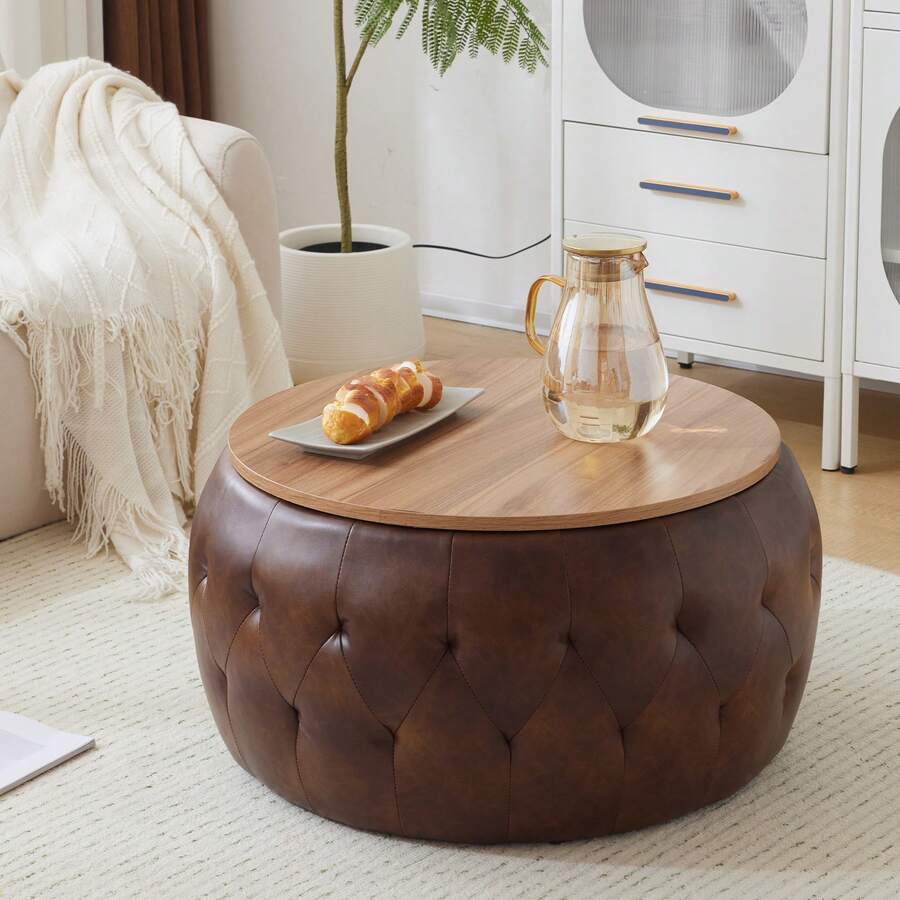 25 Inches Faux Leather Tufted Ottoman For Living Room, Bedroom, Apartments - Brown - View 1
