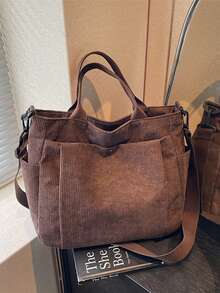 灯芯绒多口袋女士复古手提包，简约单肩/斜挎包，学生书包，办公手提包，大容量可折叠购物袋 - 棕色 - 查看 10