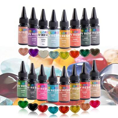 Résine UV, 16 résines UV colorées avec des couleurs vives et claires, kit de résine UV de type dur noir et blanc pour l'artisanat, la fabrication de bijoux, le moulage de résine colorée DIY (20g/0,68oz chacun)