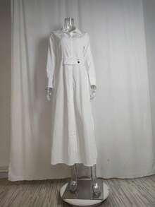 2025 New Style Female Commuter Strap Solid Color Waist Long Sleeve Irregular Shirt Dress For Women - 白色 - 查看 2