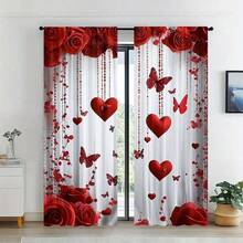 2pcs Valentine's Day Red Rose & Heart Butterfly Print Curtains - Modern Polyester Fabric, Semi-Blackout, Rod Pocket Design, Suitable For Living Room, Bedroom, Kitchen, Office Or Holiday Apartment (Rod Not Included) - Multicolor - View 12