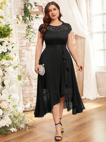 MIUSOL Women Plus Size Elegant Lace Bodice Ruffle Asymmetrical Hem Dress, Flowy Chiffon Midi Gown For Wedding Guest, Birthday Party, Homecoming, Church - màu đen - Xem 3