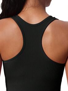 Seamless Workout Tank Top For Women With Built In Bra, Padded Racerback Athletic Yoga Camisole - Black - View 7