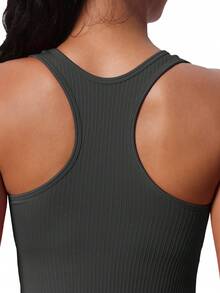 Seamless Workout Tank Top For Women With Built In Bra, Padded Racerback Athletic Yoga Camisole - Kolgrå - Visa 3