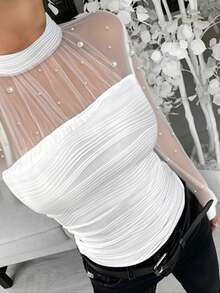 ChicMe Women's Pearl Decor Turtleneck Lantern Sleeve Sheer Mesh Patchwork Fitted Textured Top, Fashionable & Elegant For Everyday Wear - White - View 2