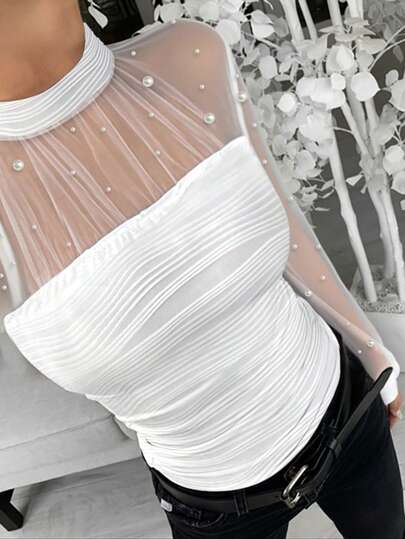 ChicMe Women's Pearl Decor Turtleneck Lantern Sleeve Sheer Mesh Patchwork Fitted Textured Top, Fashionable & Elegant For Everyday Wear