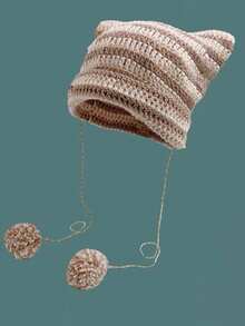 1 pieza Gorro de punto con orejas de gato a rayas blancas y negras, cálido para mujeres en otoño/invierno, estilo Y2K