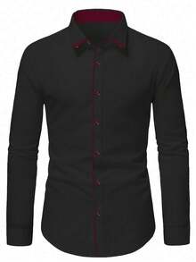 男士休闲/商务衬衫一件，做工精良，珍珠纽扣，不透光舒适100%涤纶面料，精心剪裁，修身版型 - 建议搭配西装裤和长袖上衣 - 黑色 - 查看 4