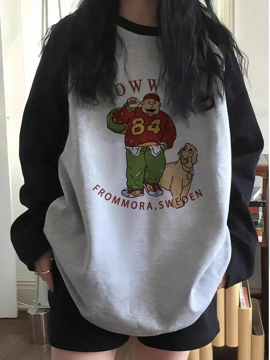 女式宽松休闲百搭卡通人物和狗狗印花撞色插肩袖T恤 - 灰色 - 查看 1