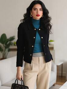 Chamarra para dama de estilo elegante, gabardina de mujer con botones metálicos, chamarras para dama cafés negras beige ajustadas, versátil para oficina y ocasiones casuales - Negro - Ver 3