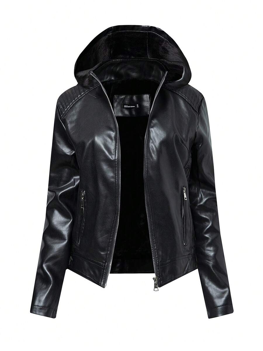 女士保暖内衬皮夹克，连帽修身皮衣，适合秋冬季穿着