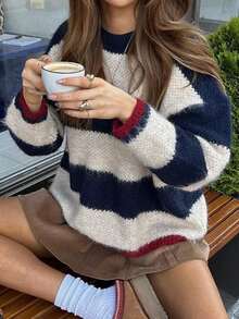 Just Masa Woman's Autumn And Winter New Color Blocked Round Neck Knitted Pullover Graduation Sweater Loose Long Sleeve Going Out Tops