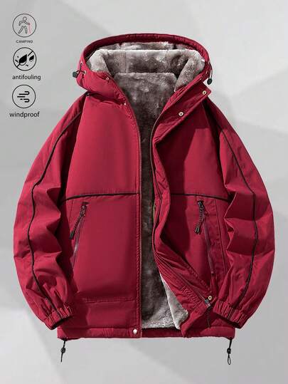 Men's Burgundy Hooded Fleece Jacket, Outdoor Casual Style, Warm Lining, Multi-Zipper Pockets With Contrast Stripes, Adjustable Drawstring Hood, Durable & Fitted For Winter Outings, Gatherings, Students, Campus, Commuting