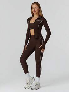 MASKERT 女士套装拼布外套女瑜伽服运动服健身服弹力拼布长裤紧身跑步服柔软舒适居家休闲 - 巧克力棕 - 查看 6