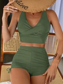 Conjunto De Tankini De Espalda Cruzada Descubierta De Unicolor, Para Playa En Verano,Bikini,Traje De Baño 2 Piezas,Trajes De Baño Mujer Dos Piezas,Trajes De Baño Mujer - Verde - Ver 2