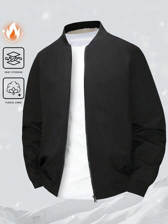 Men's Solid Color Long Sleeve Zip-Up Collar Thermal Lined Baseball Jacket, Autumn/Winter