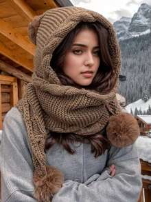 韩版女士针织帽带围巾秋冬可爱绒球耳罩厚保暖帽 - A - 查看 11