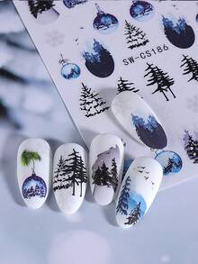 2PCS Winter Nail Art Sticker 3D Snowy Scenery Tree Snowflakes DIY Crystal Pendant Decals Landscape Self Adhesive Nail Art Design Decoration DIY Manicure Nail Supplies For Fall Winter Holiday Nails
