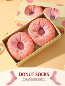 两双装多色中筒袜，男女通用情侣礼盒，柔软甜甜圈设计，创意美食图案，舒适百搭，适合生日、情人节、复活节、斋月、约会、家庭聚会、派对、节日等场合。