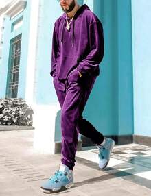 Mens 2 Piece Velour Hoodie Tracksuit Long Sleeve Velvet Hooded Pullover Casual Athletic Jogging Sweatsuit Set-2025 - 紫色 - 查看 3