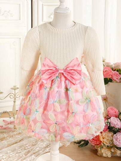 Vestido de Manga Longa com Tela Bordada, Laço Rosa, Lantejoulas e Flores, Elegante, Respirável e Solto, Estilo Casual, para Meninas, Outono