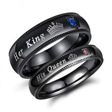 1 Pc Fashion Couple Rings For Lover's Her King His Queen Letter Rings Fashion Rhinestones Artificial Zirconia Crown Rings Romantic Anniversary Wedding Band - His Queen - View 1
