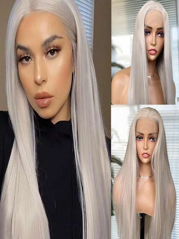Halloween Elegant 13X4 Granny Grau Hellgrau Freestyle Natürlich Gerade Synthetische Spitzenfront Perücke, Klebefrei Vollperücke, Hochwertige Hitzebeständige Faser