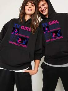 TV GIRL Who Beally Cares Pattern Design Men's And Women's Sports And Leisure Cotton Black Hoodie English Letter Pattern Christmas Thanksgiving Festival Knitted Cyber Monday Holiday Gift New Year Winter Warm Snow  End-Of-Year Thermal Velvet Furry Party Fuzzy Plush - 黑色 - 查看 6