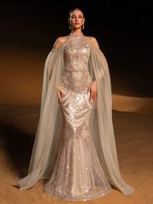 Faeriesty Haute Glamour Elegant Halter-Neck Mermaid Gown With Sheer Sleeves And Sparkly Sequin Beadwork – Fish-Scale Pattern, Long Flowing Train For Galas, Wedding Guest Attire, Upscale Parties & Red-Carpet Occasions For Women