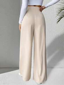 Pantalones texturizados de cintura alta y pierna ancha de color sólido para mujer, pantalones casuales y elegantes de pierna ancha, adecuados para ocasiones diarias, de aeropuerto y de brunch, se pueden usar en todas las estaciones. - Albaricoque - Ver 2