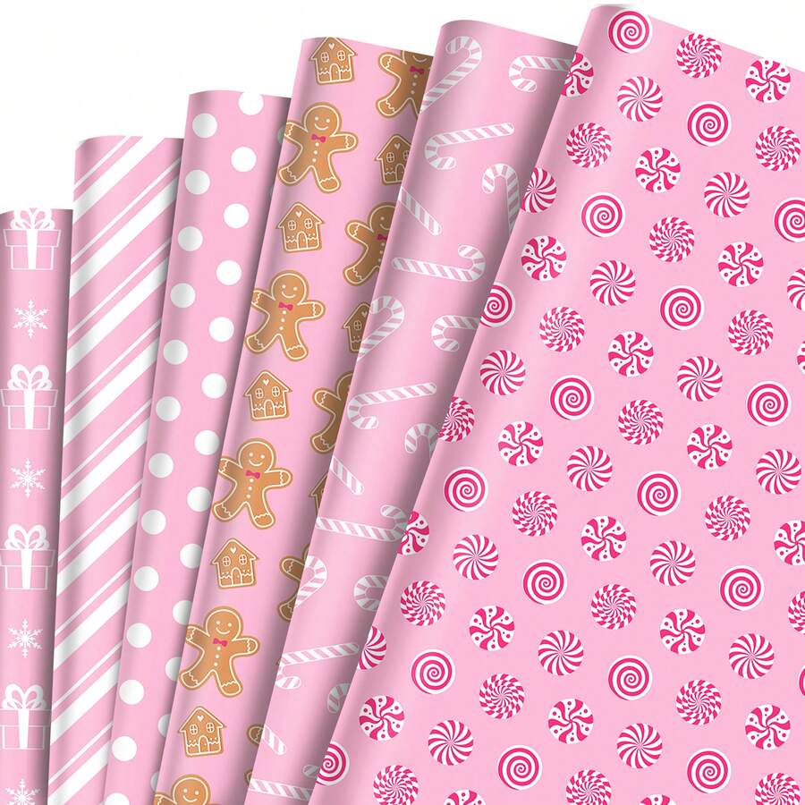 12pcs Each Pack Of 12 Pink Christmas Gift Decorative Paper, Holiday Gift Box Paper, Snowflake Gingerbread Man Decorative Wrapping Paper, With A Christmas Theme, Is Designed With Various Stripes, Polka Dots, Candy Canes And Gingerbread Men. The Main Color Is Pink, Which Is Cute And Exquisite, And Will Greatly Increase The Fun And Festive Atmosphere