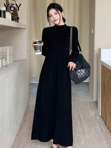 [Y6Y] 女士长袖高领针织毛衣连衣裙，高弹黑色长裙，适合秋冬季作为内搭，可搭配外套和毛衣穿着 - 黑色 - 查看 5