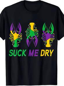 Everyday Comfort| Mardi Gras "Suck Me Dry" Crawfish Print T-Shirt – Short Sleeve, Black With Colorful Lobster Print, Cotton Casual Party Tee, Perfect Holiday Gift For Men & Women, Sizes S-XXXL, Casual Wear Tee| Humorous Graphic Tee| Cotton Comfort Fit - 黑色 - 查看 1