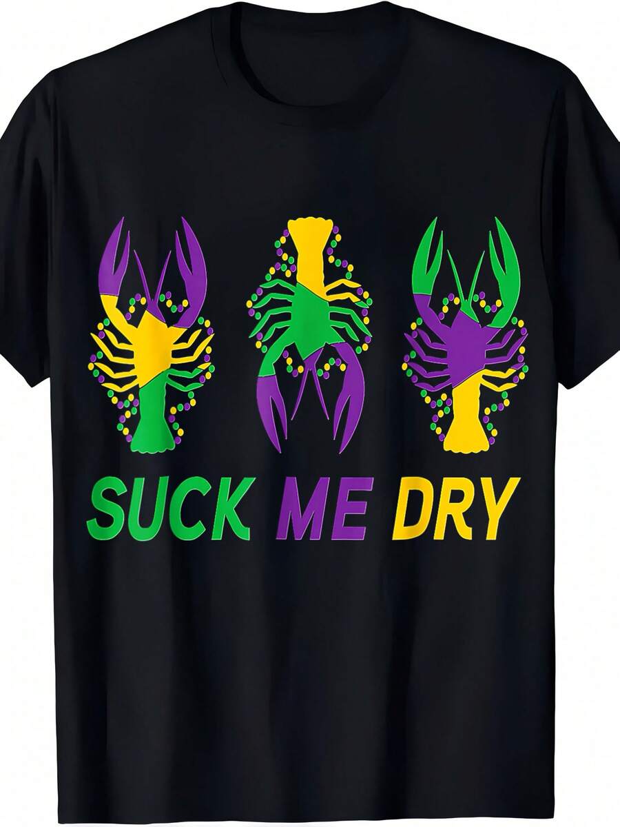 Everyday Comfort| Mardi Gras "Suck Me Dry" Crawfish Print T-Shirt – Short Sleeve, Black With Colorful Lobster Print, Cotton Casual Party Tee, Perfect Holiday Gift For Men & Women, Sizes S-XXXL, Casual Wear Tee| Humorous Graphic Tee| Cotton Comfort Fit - 黑色 - 查看 1