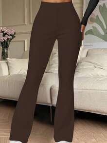 Women's Solid Flare Leg Leggings, Tight Fitting Base Layer Pants, Flared Pants For Autumn/Winter, Suitable For Running, Casual, Compression Yoga Pants With High Waist - Brown - View 4