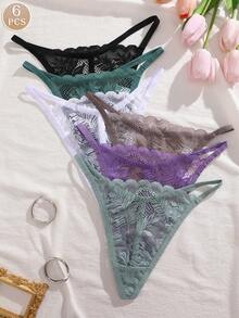 6件套女士蕾丝透气性感丁字裤套装 - 彩色 - 查看 1