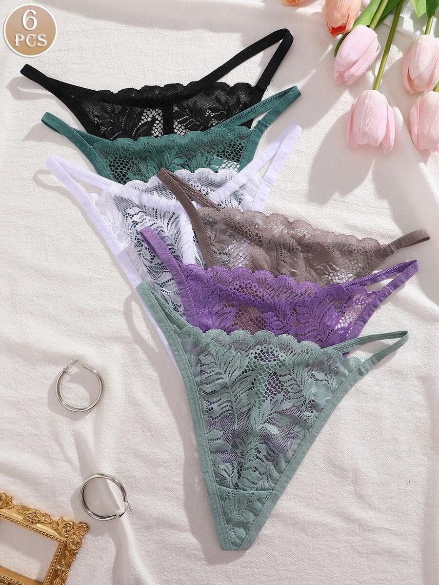 6件套女士蕾丝透气性感丁字裤套装 - 彩色 - 查看 1