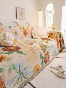 Artistic Floral Pattern Sofa Blanket, Beautifully Designed To Infuse Whimsical Charm And Botanical Beauty Into Your Living Room, An Ideal Choice For Your Creative Home Decor.