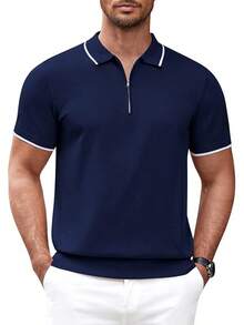 Men's Zipper Polo Shirt Casual Knit Short Sleeve Polo T Shirt Classic Fit Shirts - 藏蓝色 - 查看 1