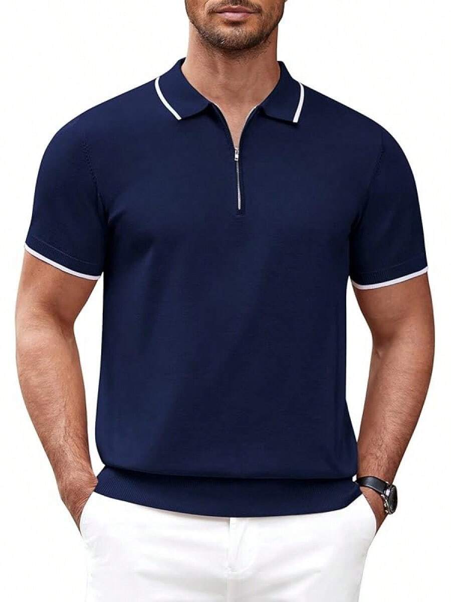 Men's Zipper Polo Shirt Casual Knit Short Sleeve Polo T Shirt Classic Fit Shirts - 藏蓝色 - 查看 1