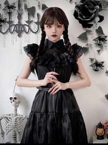 星期三亚当斯吸血鬼新娘哥特式角色扮演服装，万圣节深色迷你连衣裙