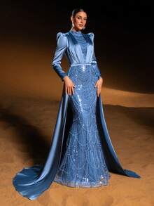 Faeriesty 优雅晚礼服，小巧的半高领设计，公主风侧拖尾，美人鱼式珠饰亮片点缀，适合婚礼招待会及女士正式派对穿着。 - 霧霾藍 - 查看 10