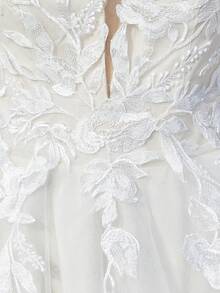 V Neck Lace Wedding Dresses With Long Train Backless Tulle Sequin Bridal Gowns For Women A-Line Formal Wedding Party Gowns Lace Up Back With Bone