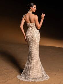 Faeriesty ​​ Glamour Elegant Faux Pearl Evening Gown With Halter-Neck High Collar | Sleeveless Slim Mermaid Dress Adorned With Densely Sparkling Faux Pearls For Wedding Ceremony, Luxury Party, High-Society Events​ For Women New Year Outfit Spring - Champagne - View 3