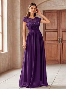 MIUSOL Elegant Women's Sequin Floral Lace Contrast Chiffon Maxi Dress With Pleated Hem,  Perfect For Evening Party, Wedding Guest, Anniversary Balls - 紫色 - 查看 4