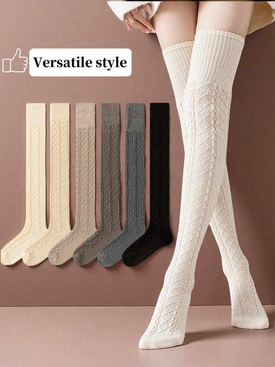 1/2/3/6双装女士过膝袜，针织链条设计，多色时尚百搭过膝袜，适合日常穿着，Y2K风格，春秋季节，舒适透气保暖 - 彩色 - 查看 1