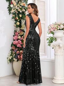 High Quality Elastic Sequin Double V-Neck Cap Sleeves Sequin Mermaid Hem Evening Dress For Women,Formal Wedding Guest Gown Dress, For Graduation, Formal Dress,Dinner Party Dress