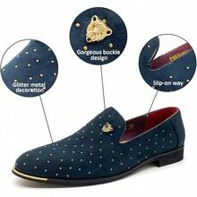 Men's Pointed Toe Rivet Dress Shoes Glitter Modern Metallic Slip On Loafers Plus Size-20256688 - Navy - View 7
