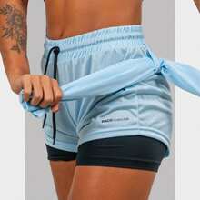 Women's 2 In 1 Dry Fit Gym Shorts Double Fitness Bermuda Shorts Hidden Cell Phone Pocket For Training Walking Tennis And Other Sports - Màu xanh dừa cạn - Xem 3